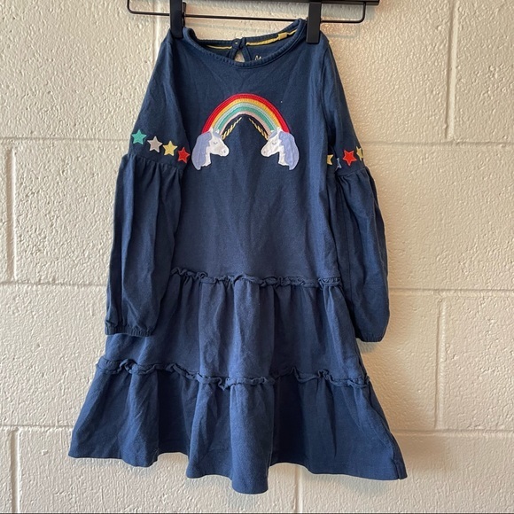 Mini Boden Bright Tiered Stormy Blue Unicorn Jersey Dress in Navy Size 5-6 Year - Picture 2 of 10